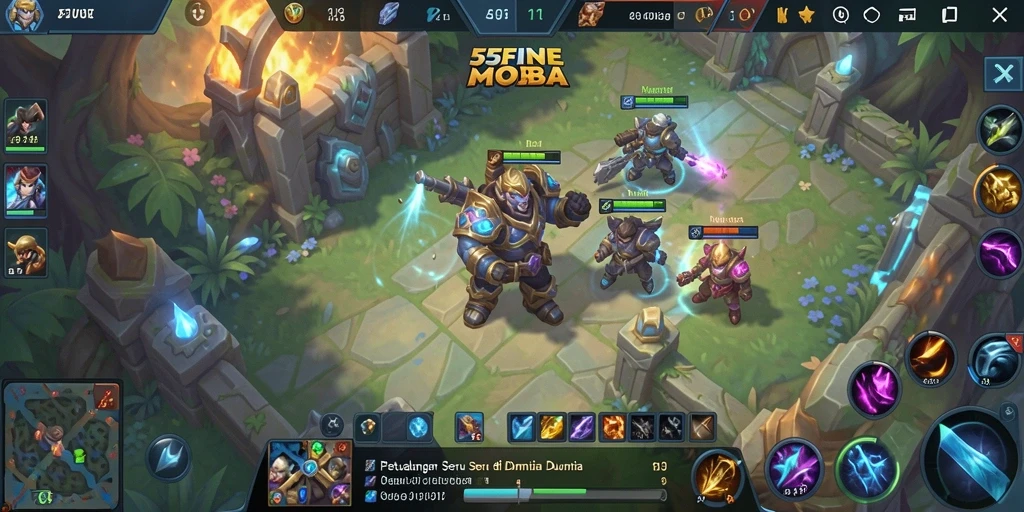 Screenshot permainan 55FIVE yang menunjukkan aksi seru di medan tempur MOBA.