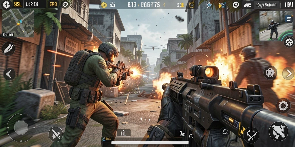 Screenshot gameplay menunjukkan aksi penembakan intens di 9SL.