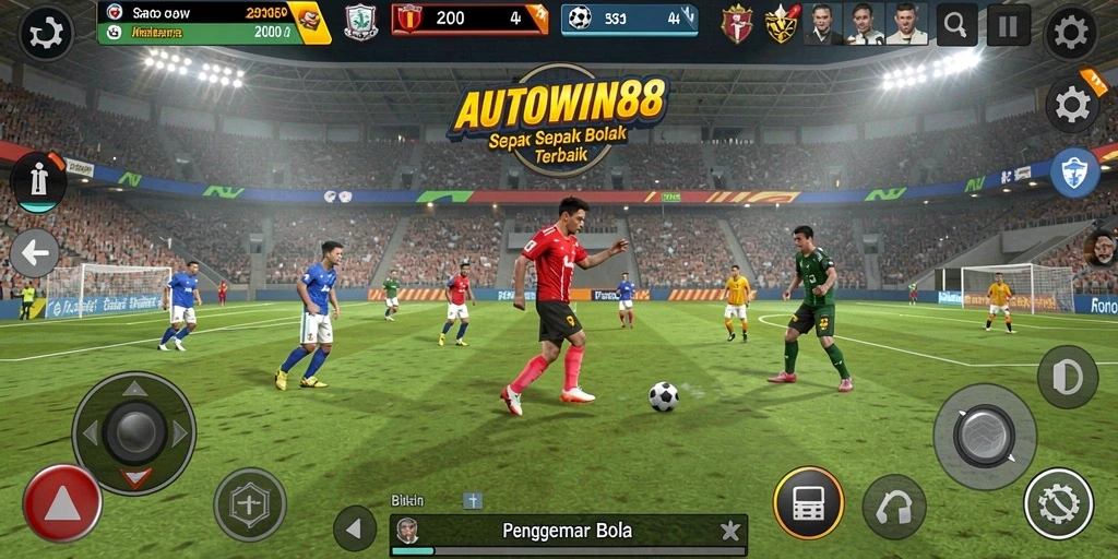 Menampilkan aksi seru dari pertandingan sepak bola dalam AUTOWIN88.