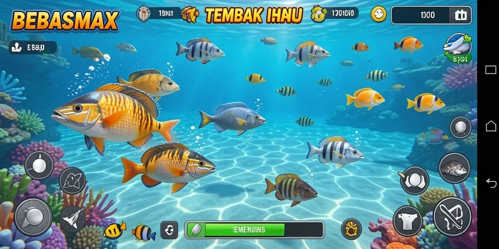 Tampilan seru gameplay Tembak Ikan BEBASMAX dengan berbagai ikan yang bisa ditangkap.