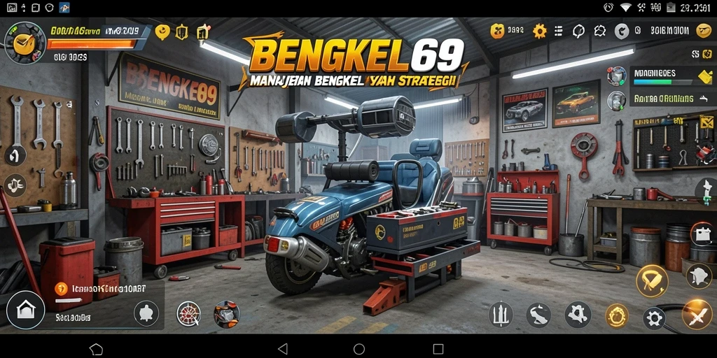 Tampilan gameplay menarik dalam BENGKEL69 yang menunjukkan aktivitas bengkel.