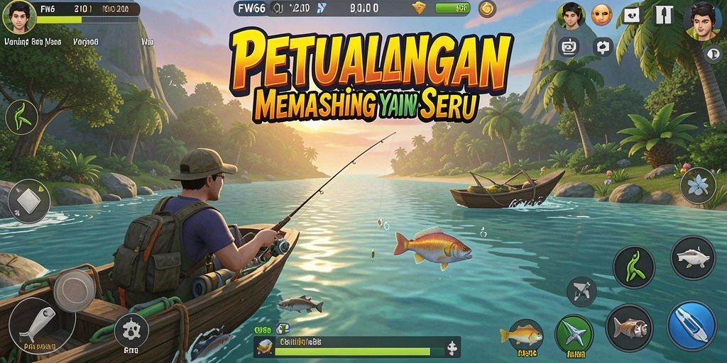 Screenshot gameplay FW66 menampilkan aksi memancing yang seru.