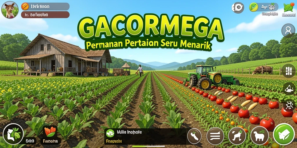Screenshot GACORMEGA menampilkan gameplay bertani dengan berbagai tanaman hijau.