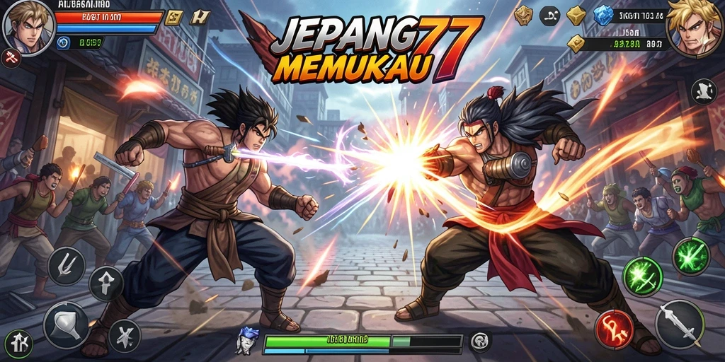 Screenshot gameplay <strong>JEPANG77</strong> menampilkan karakter bertarung dengan penuh semangat.