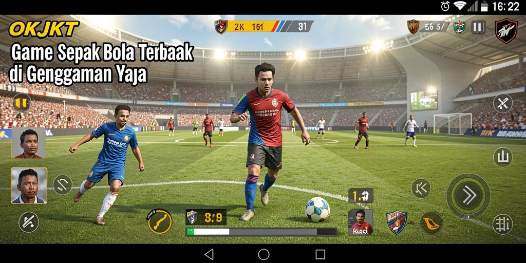 Tampilan gameplay OKJKT yang seru dengan aksi sepak bola menarik.