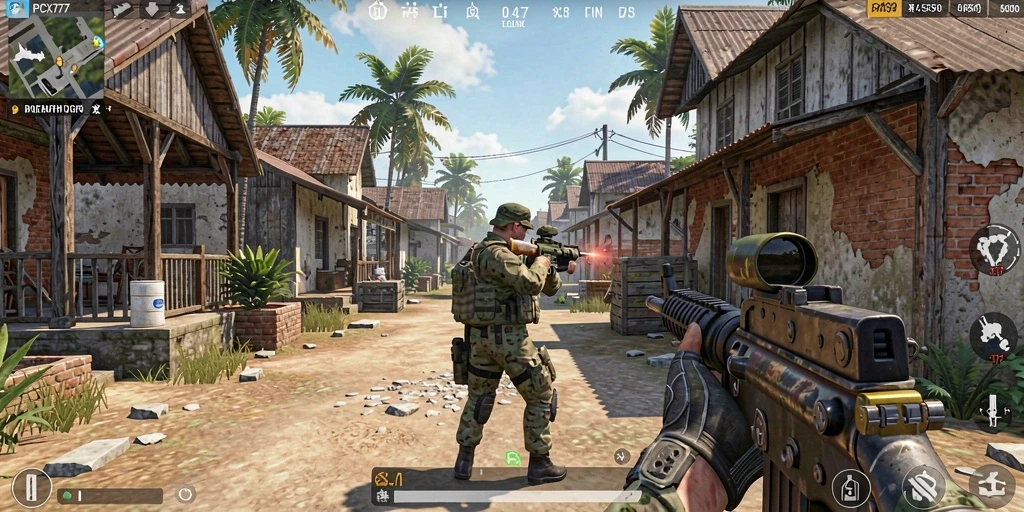 Tangkapan layar game PCX777 yang menunjukkan aksi menembak mendebarkan.