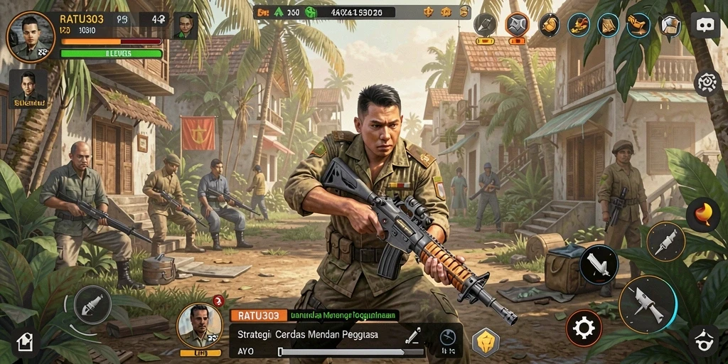Screenshot gameplay menunjukkan aksi pertempuran strategis di RATU303.