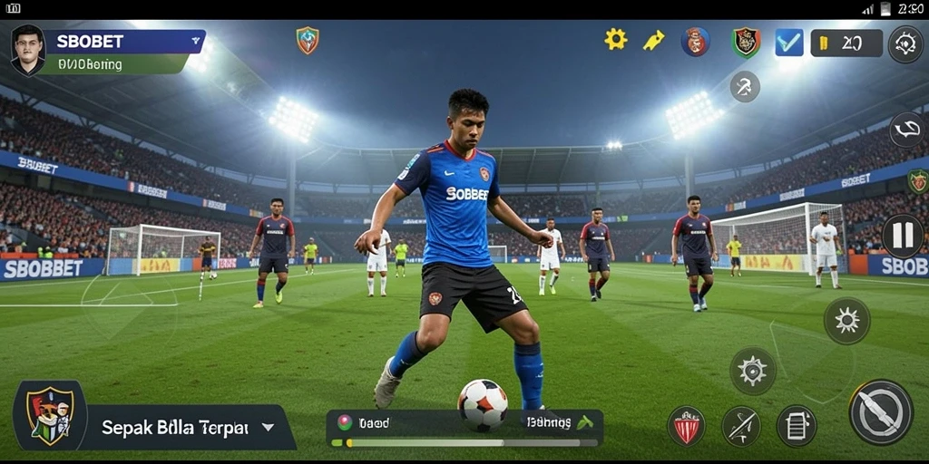 Screenshot menampilkan antarmuka pengguna SBOBET saat menonton pertandingan sepak bola.