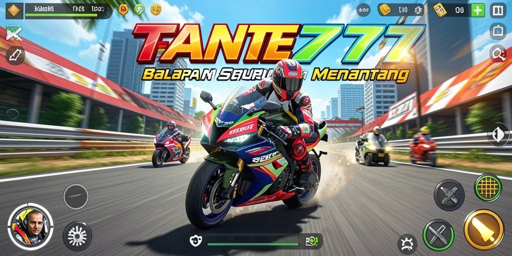 Screenshot gameplay TANTE777 menampilkan aksi balapan motor yang mendebarkan.